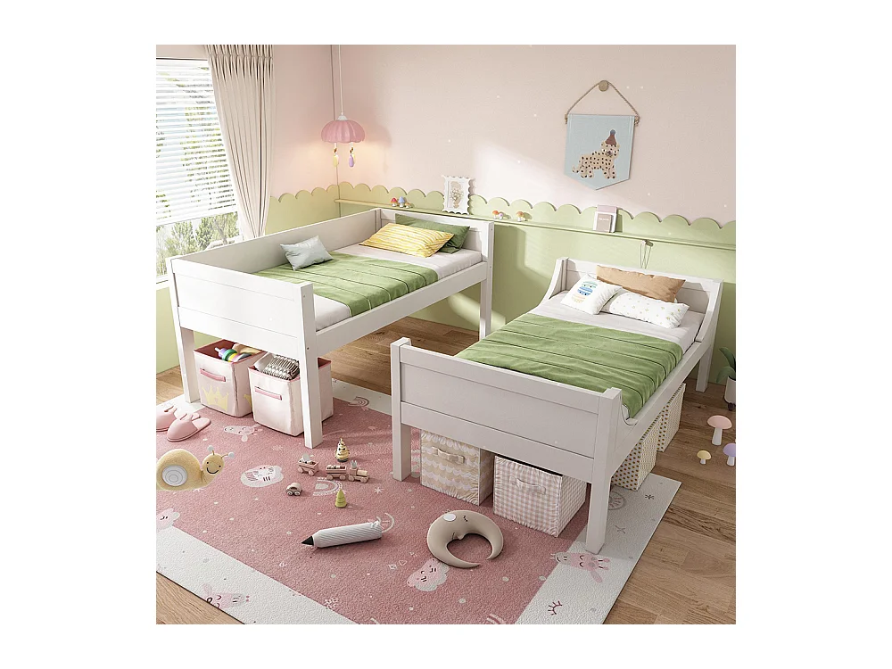 Lit superposé séparable 90x200 cm échelle flexible tête pied design traîneau 1 lit 2 lits simples blanc EN747-1:2024 sans matelas