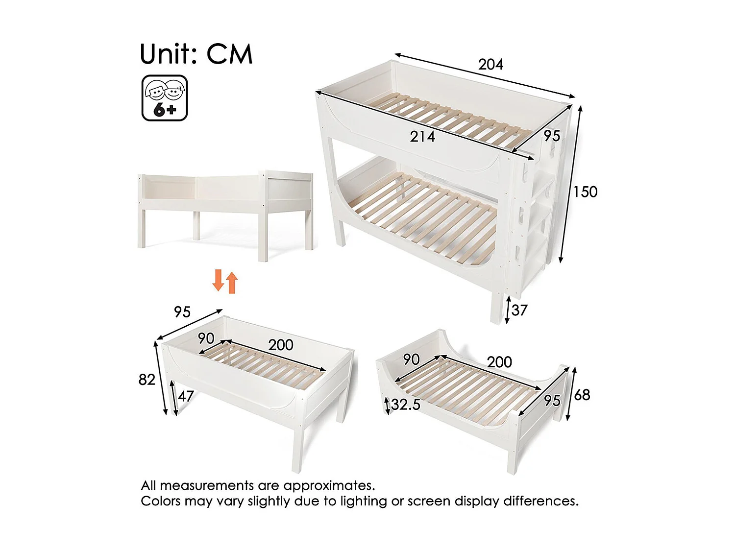 Lit superposé séparable 90x200 cm échelle flexible tête pied design traîneau 1 lit 2 lits simples blanc EN747-1:2024 sans matelas