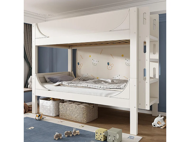 Lit superposé séparable 90x200 cm échelle flexible tête pied design traîneau 1 lit 2 lits simples blanc EN747-1:2024 sans matelas