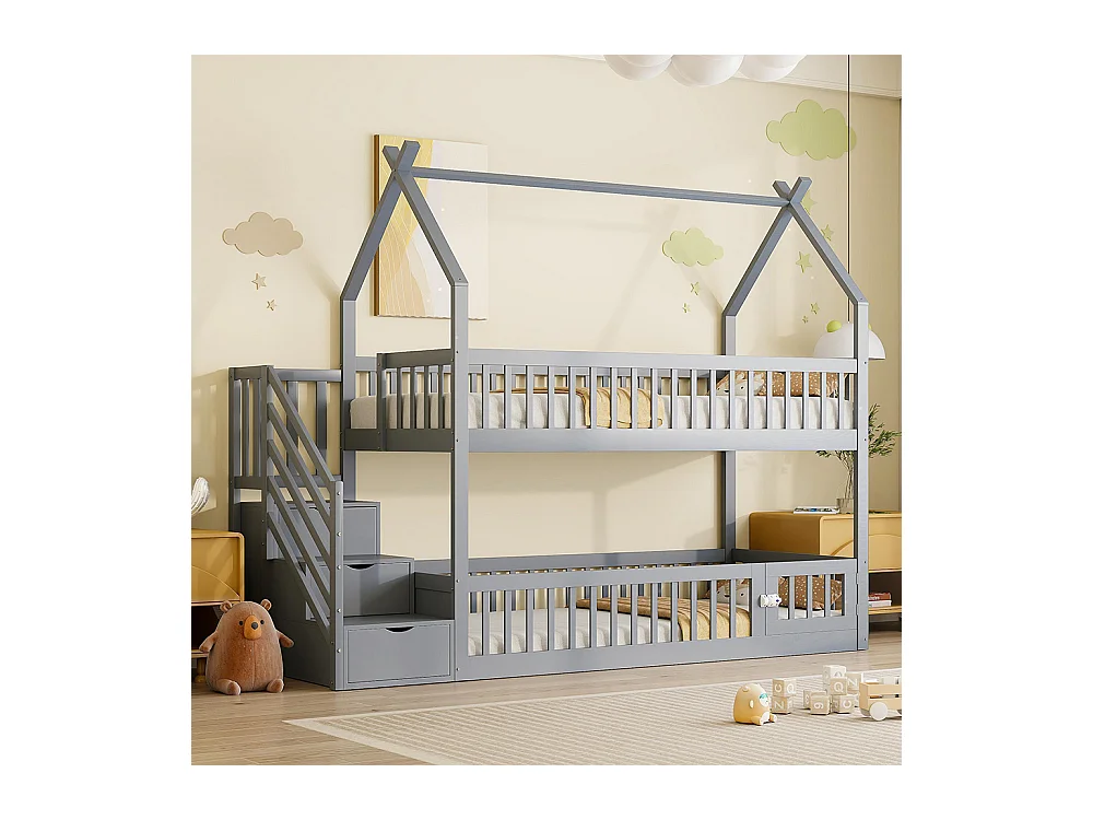 Lit superposé enfant 90x200 cm en bois massif avec toit échelle sécurité tiroirs rangement simple gris