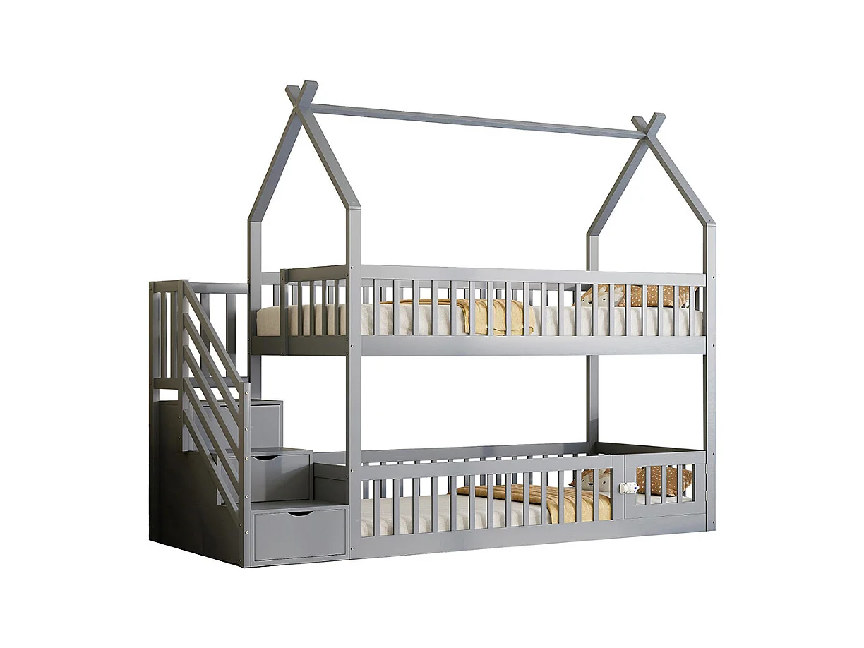 Lit superposé enfant 90x200 cm en bois massif avec toit échelle sécurité tiroirs rangement simple gris