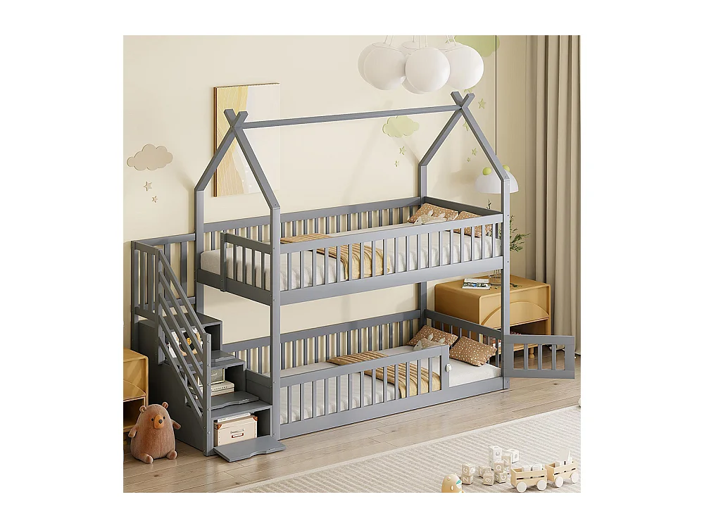 Lit superposé enfant 90x200 cm en bois massif avec toit échelle sécurité tiroirs rangement simple gris