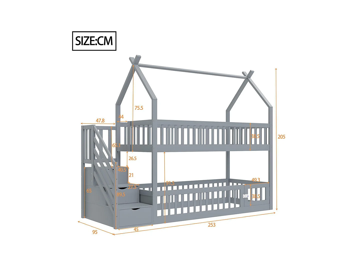 Lit superposé enfant 90x200 cm en bois massif avec toit échelle sécurité tiroirs rangement simple gris