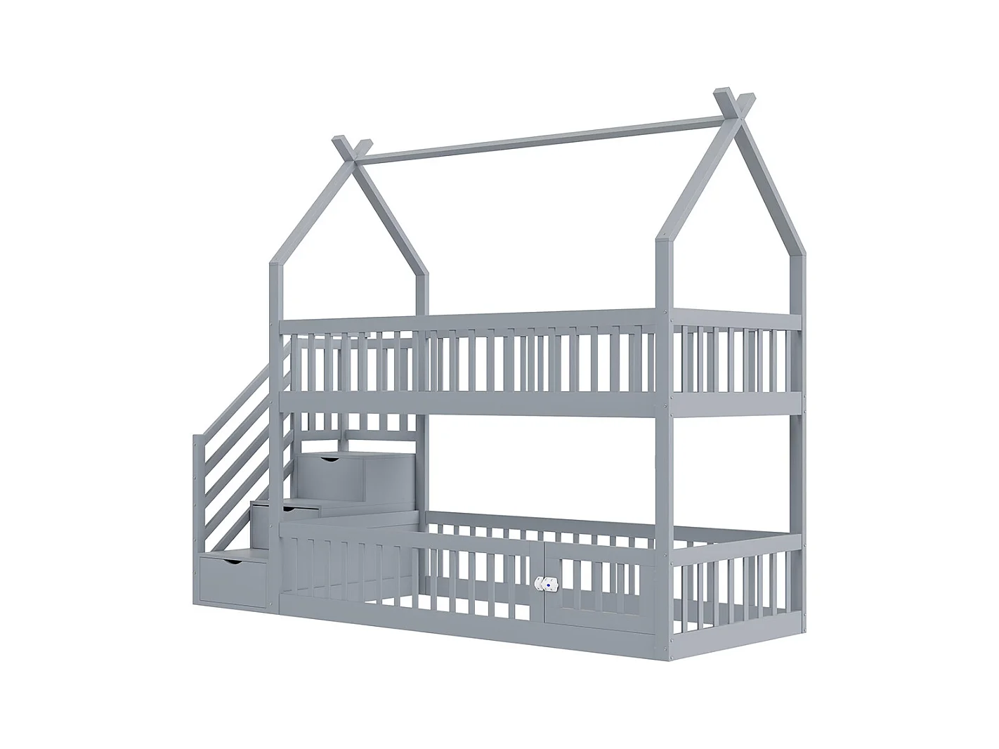 Lit superposé enfant 90x200 cm en bois massif avec toit échelle sécurité tiroirs rangement simple gris