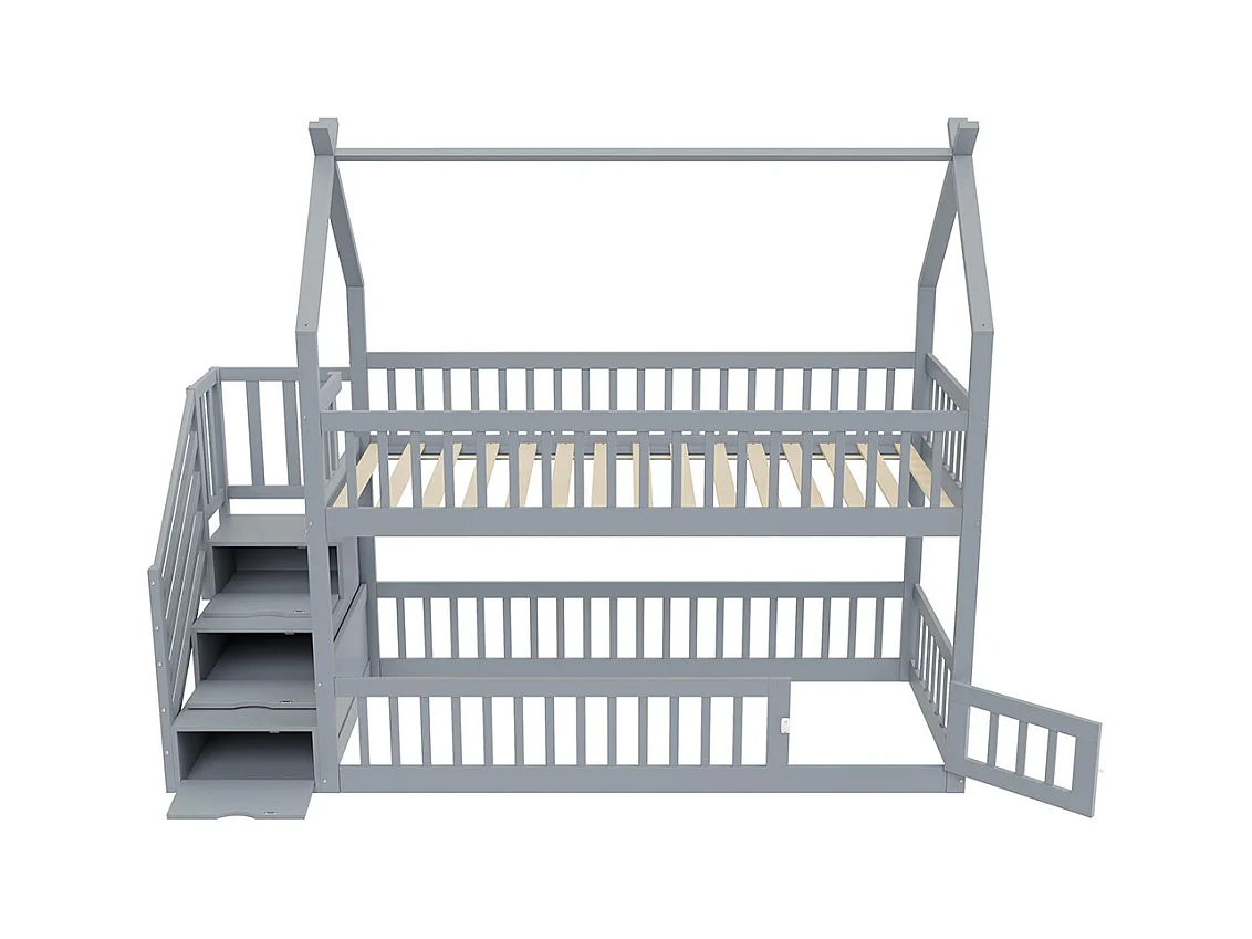 Lit superposé enfant 90x200 cm en bois massif avec toit échelle sécurité tiroirs rangement simple gris
