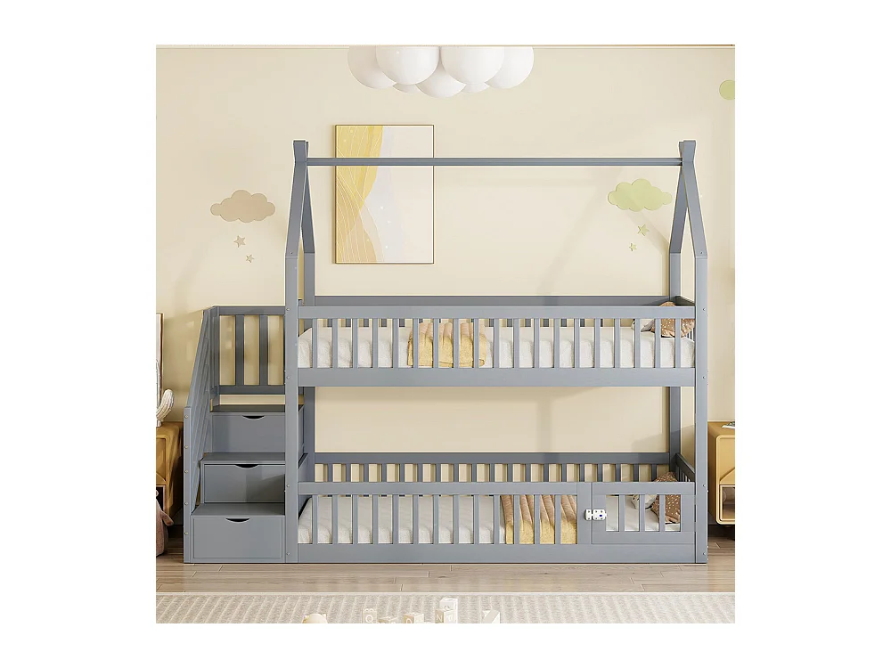 Lit superposé enfant 90x200 cm en bois massif avec toit échelle sécurité tiroirs rangement simple gris
