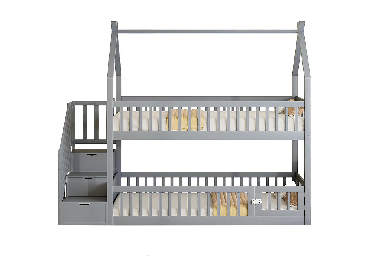 Lit superposé enfant 90x200 cm en bois massif avec toit échelle sécurité tiroirs rangement simple gris