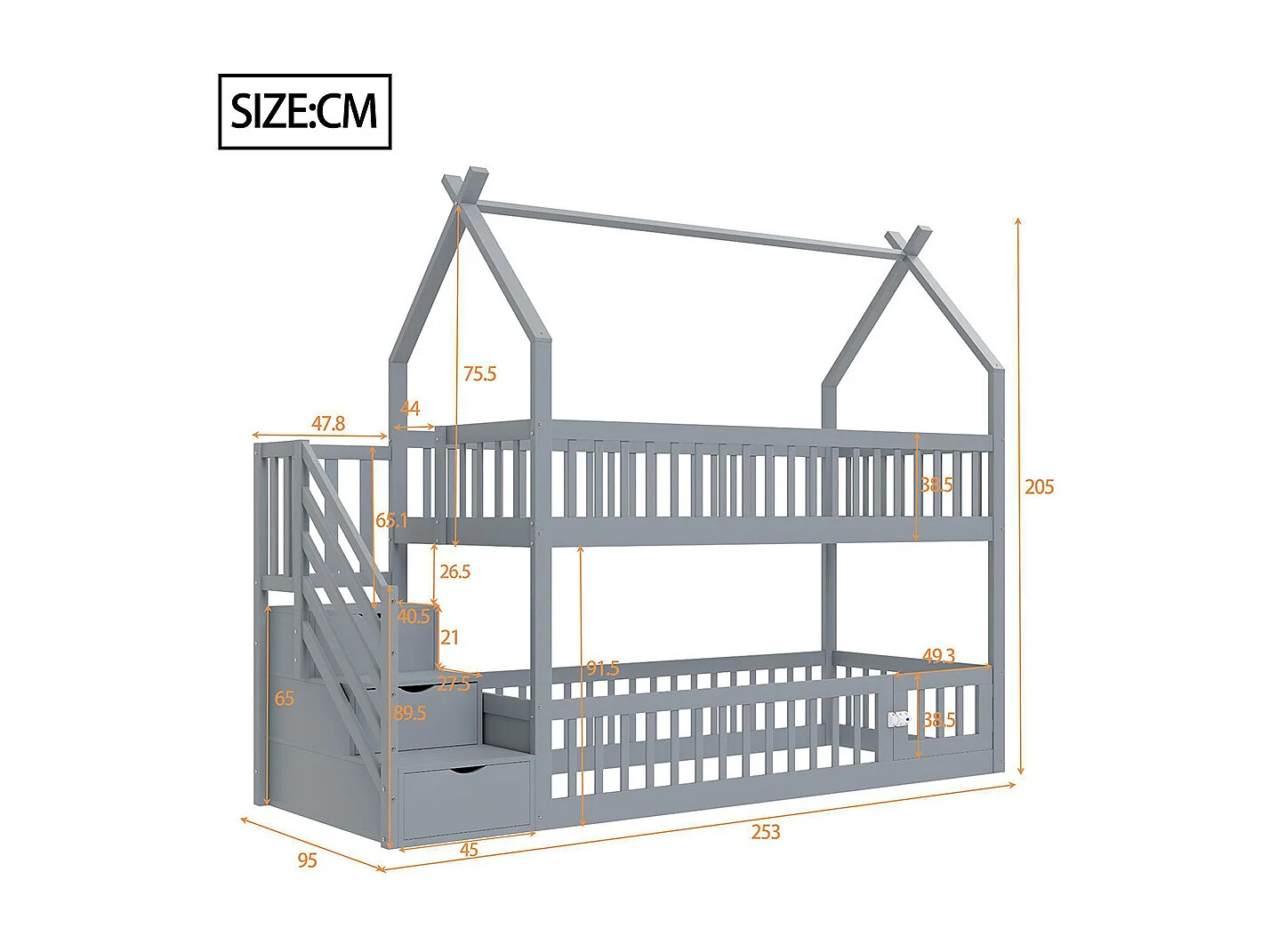 Lit superposé enfant 90x200 cm en bois massif avec toit échelle sécurité tiroirs rangement simple gris