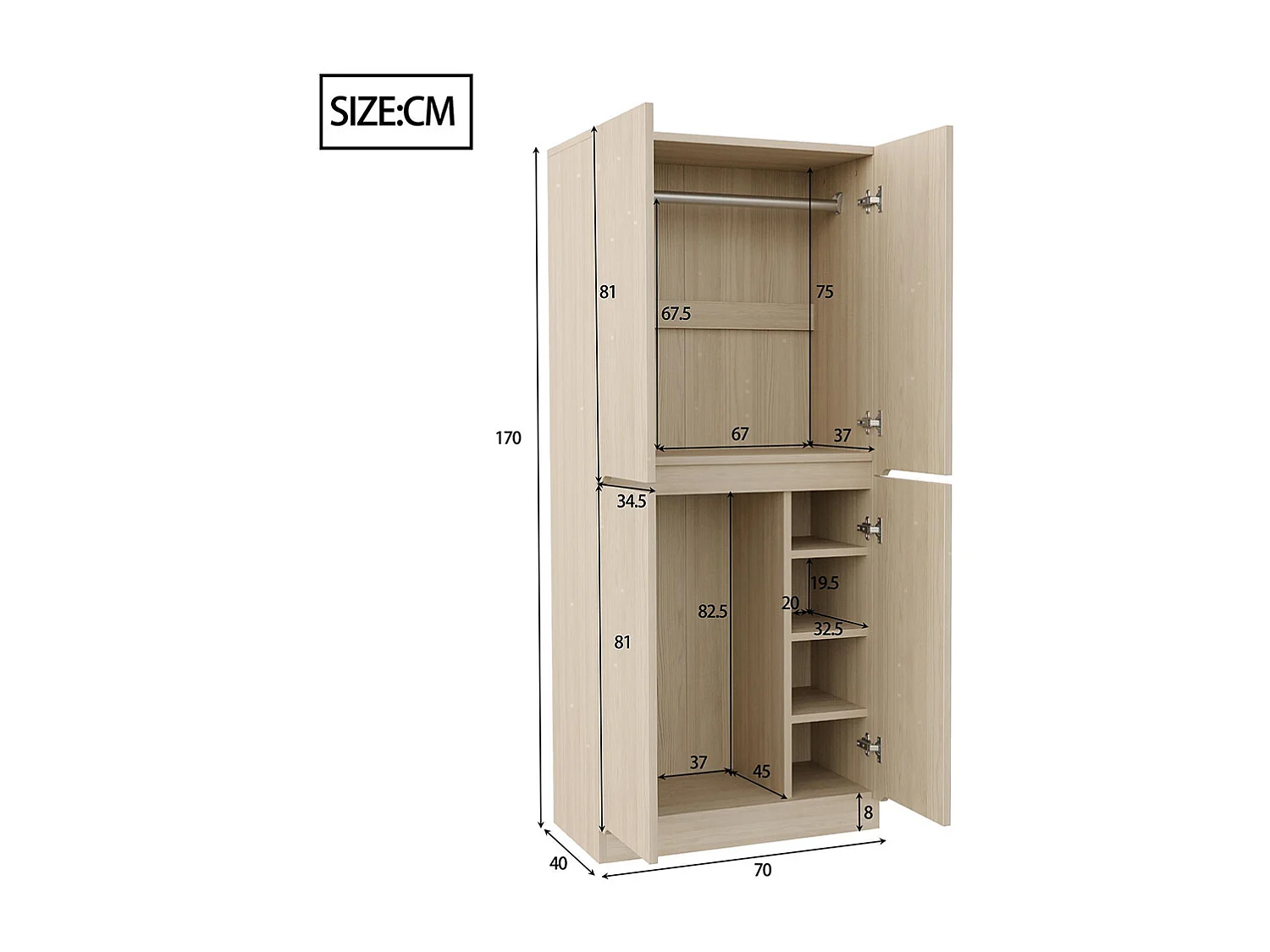 Armoire 70x40x170 cm double porte petit compartiment de rangement couleur bois