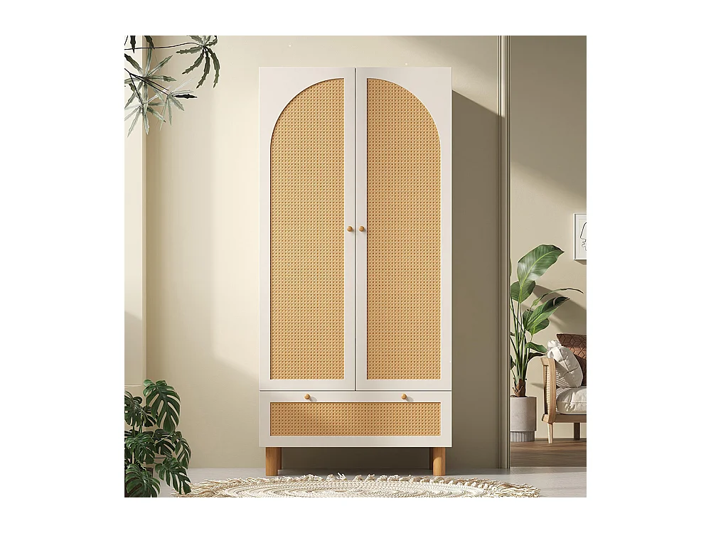 Armoire penderie 2 portes rotin style cottage blanc grand tiroir étagères réglables tringle vêtements anti-basculement
