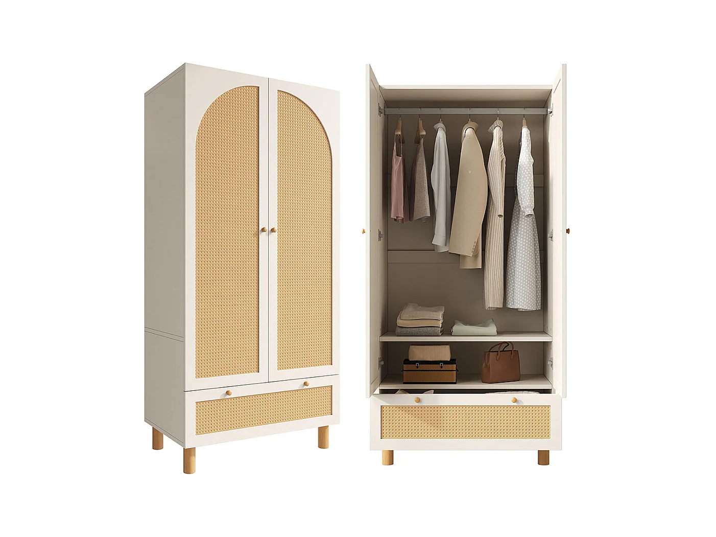 Armoire penderie 2 portes rotin style cottage blanc grand tiroir étagères réglables tringle vêtements anti-basculement
