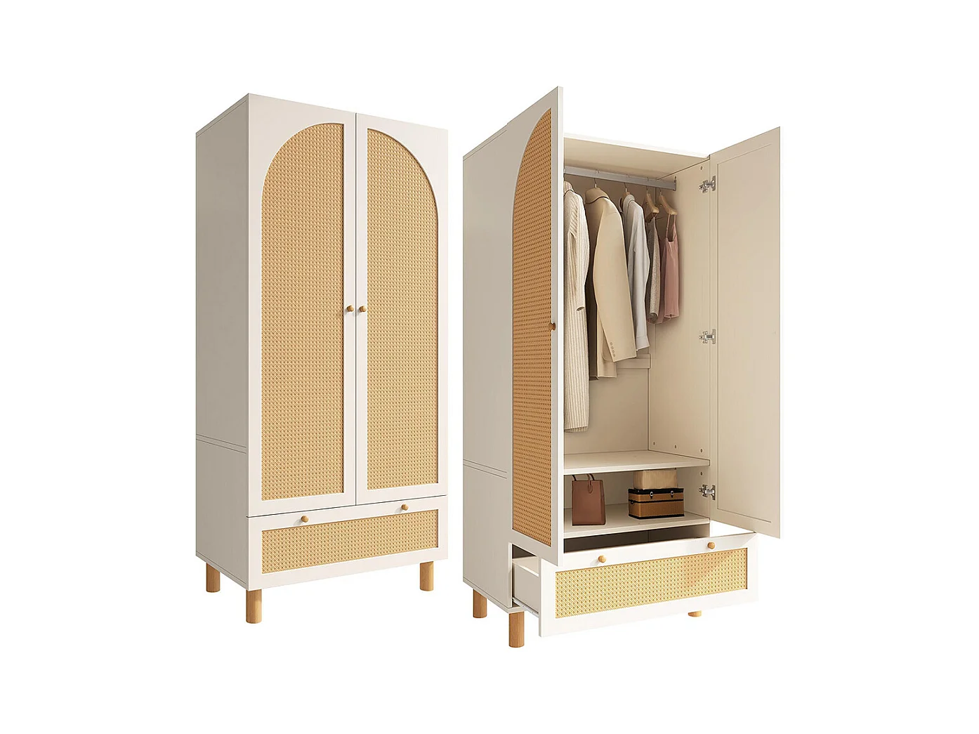 Armoire penderie 2 portes rotin style cottage blanc grand tiroir étagères réglables tringle vêtements anti-basculement