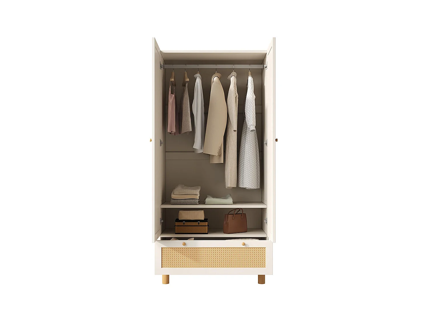 Armoire penderie 2 portes rotin style cottage blanc grand tiroir étagères réglables tringle vêtements anti-basculement