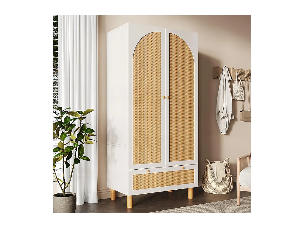 Armoire penderie 2 portes rotin style cottage blanc grand tiroir étagères réglables tringle vêtements anti-basculement