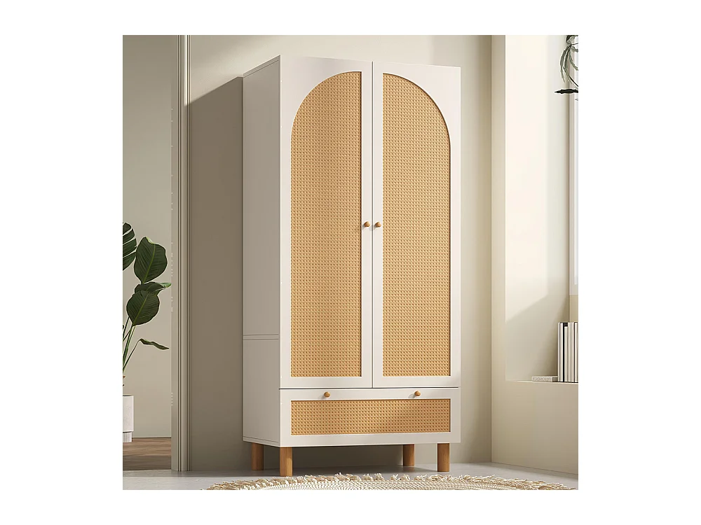 Armoire penderie 2 portes rotin style cottage blanc grand tiroir étagères réglables tringle vêtements anti-basculement