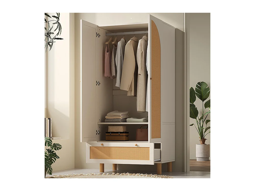Armoire penderie 2 portes rotin style cottage blanc grand tiroir étagères réglables tringle vêtements anti-basculement