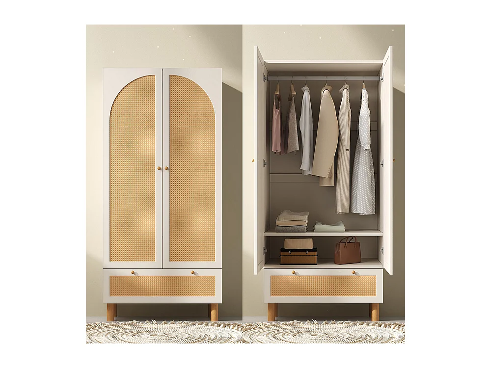 Armoire penderie 2 portes rotin style cottage blanc grand tiroir étagères réglables tringle vêtements anti-basculement
