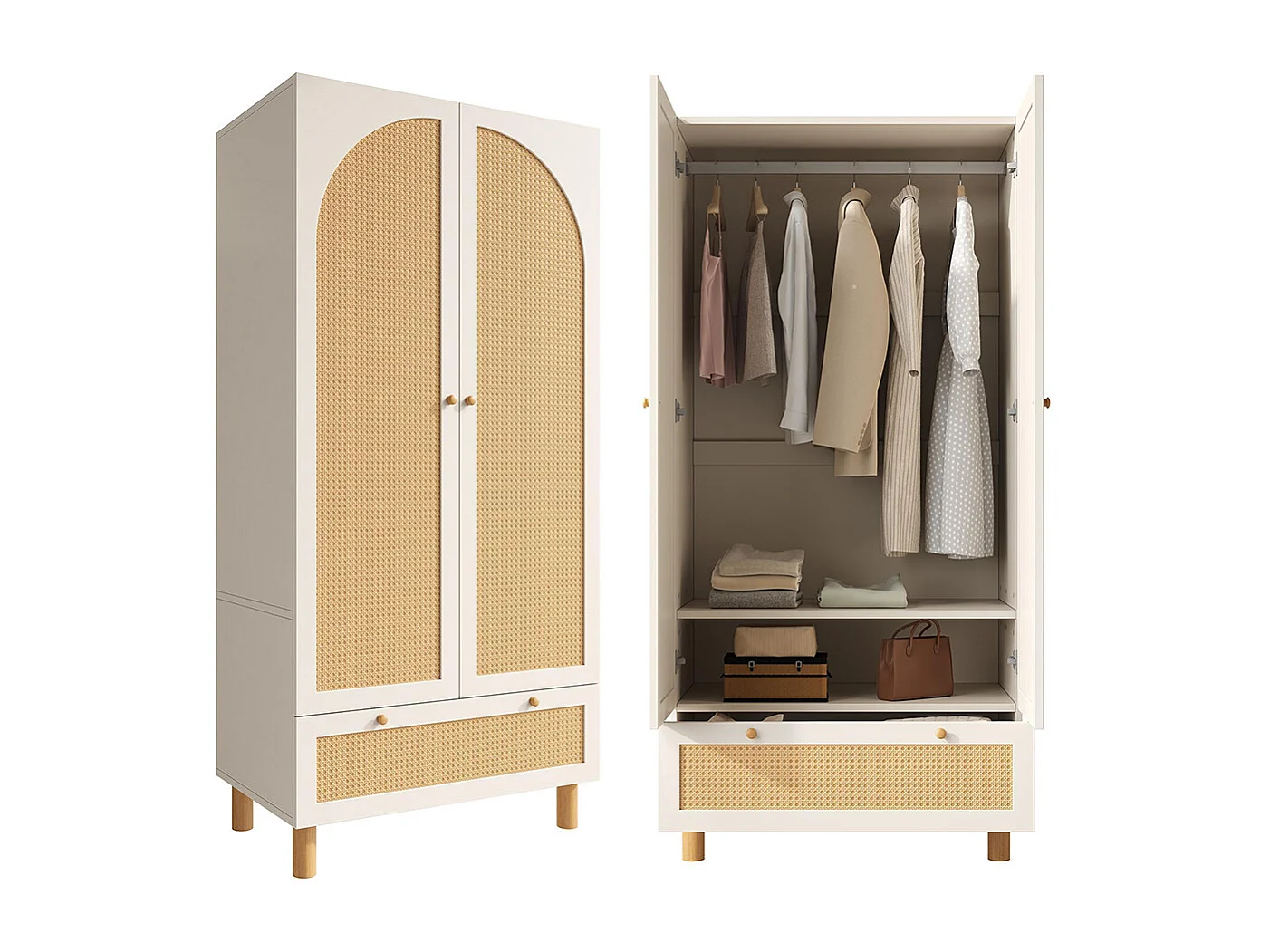 Armoire penderie 2 portes rotin style cottage blanc grand tiroir étagères réglables tringle vêtements anti-basculement