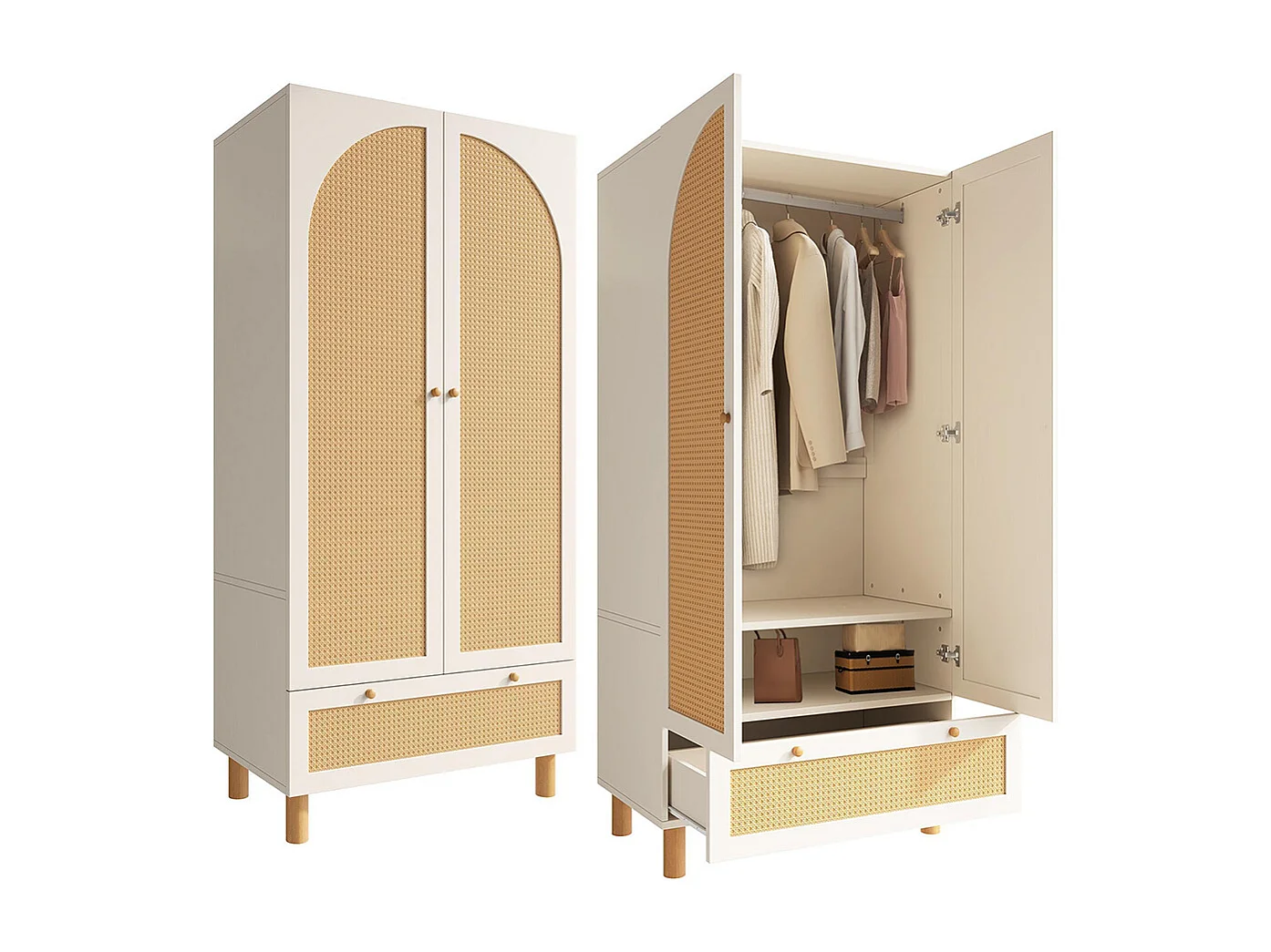Armoire penderie 2 portes rotin style cottage blanc grand tiroir étagères réglables tringle vêtements anti-basculement