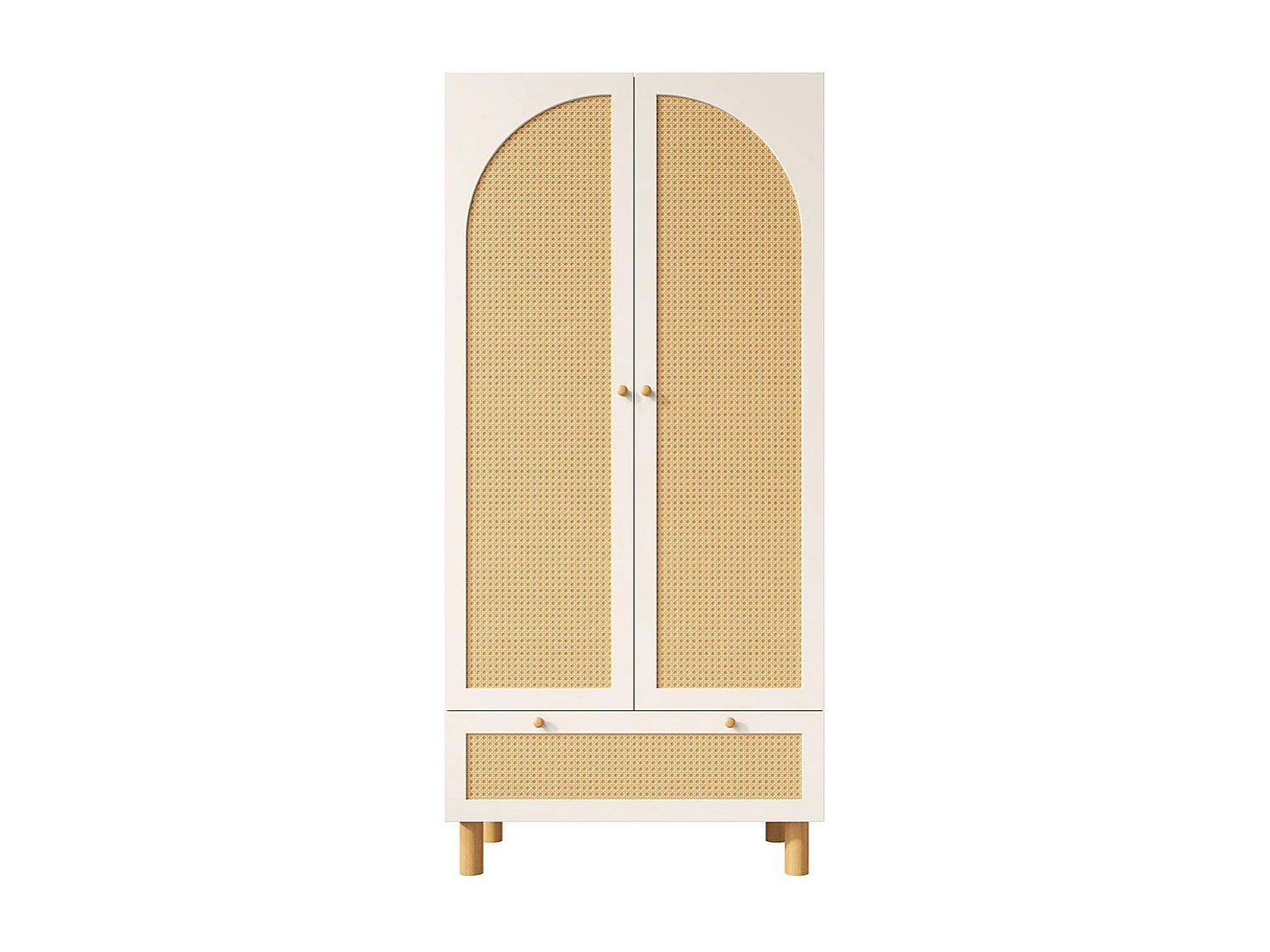 Armoire penderie 2 portes rotin style cottage blanc grand tiroir étagères réglables tringle vêtements anti-basculement