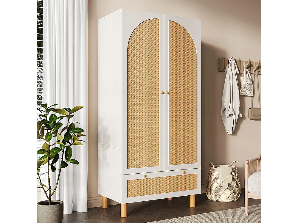 Armoire penderie 2 portes rotin style cottage blanc grand tiroir étagères réglables tringle vêtements anti-basculement