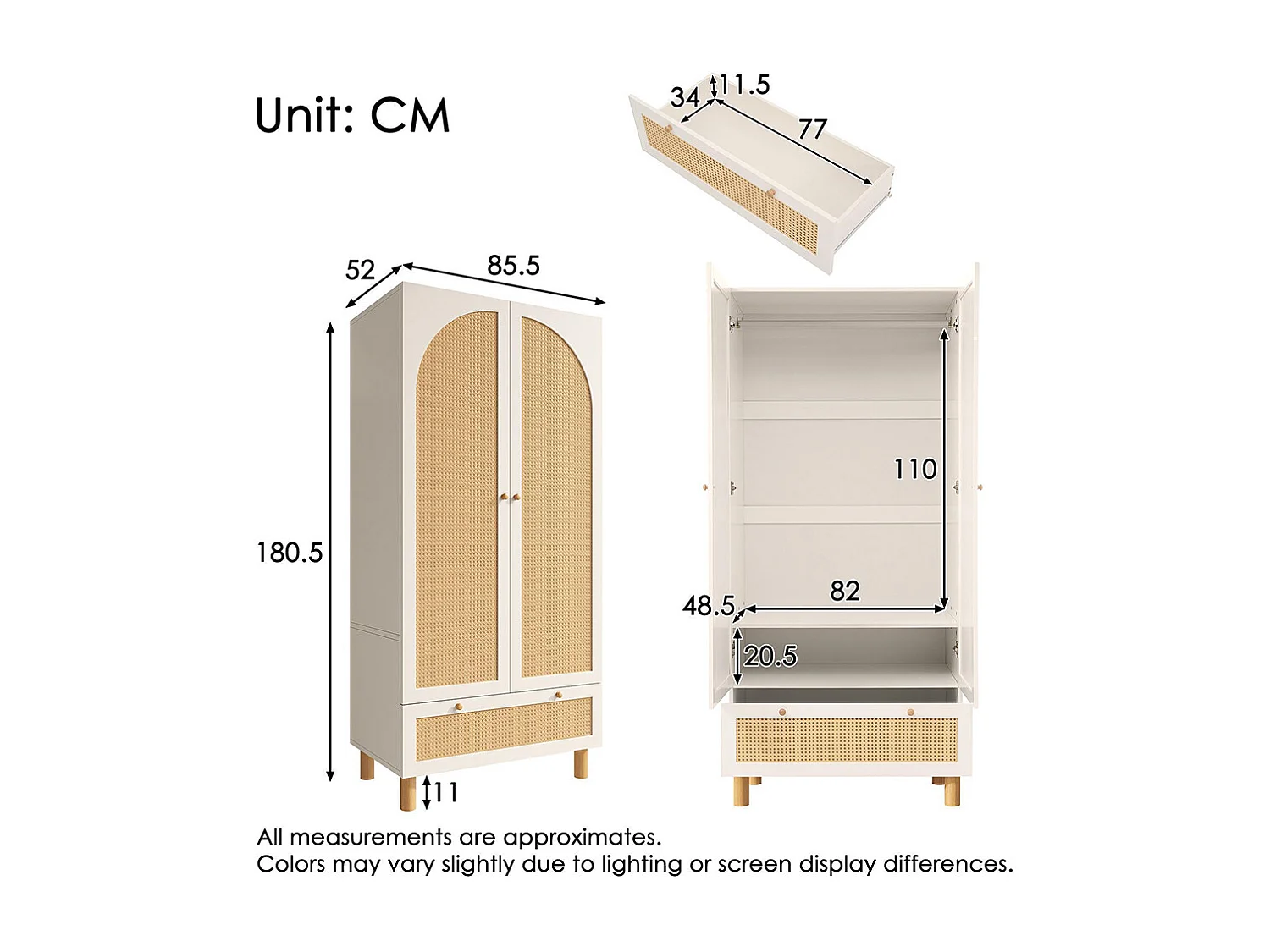 Armoire penderie 2 portes rotin style cottage blanc grand tiroir étagères réglables tringle vêtements anti-basculement