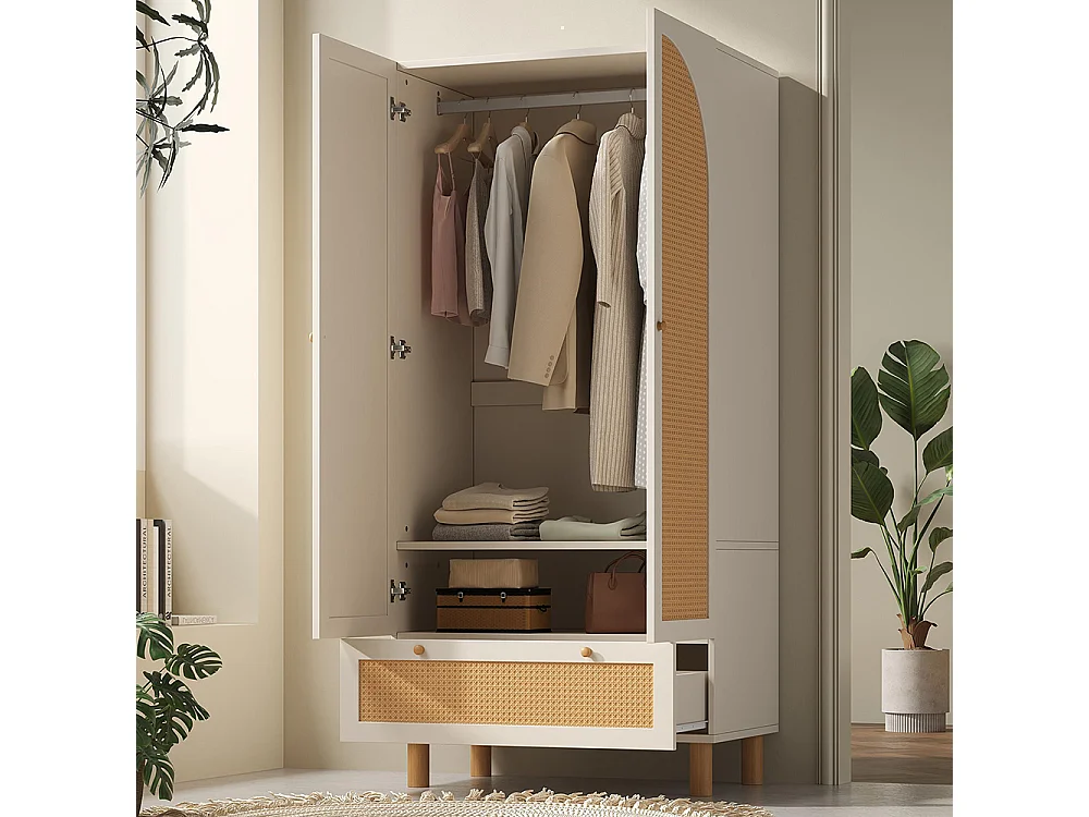 Armoire penderie 2 portes rotin style cottage blanc grand tiroir étagères réglables tringle vêtements anti-basculement