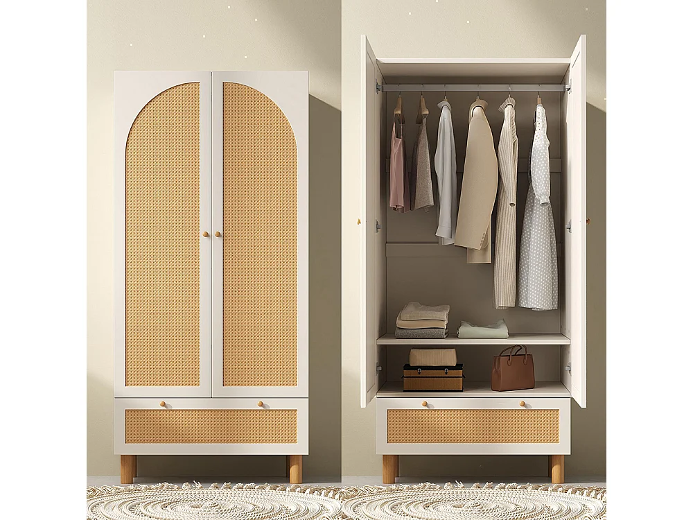 Armoire penderie 2 portes rotin style cottage blanc grand tiroir étagères réglables tringle vêtements anti-basculement