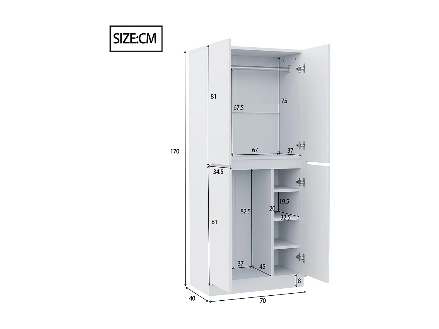 Armoire 70x40x170 cm double porte petit compartiment de rangement blanc