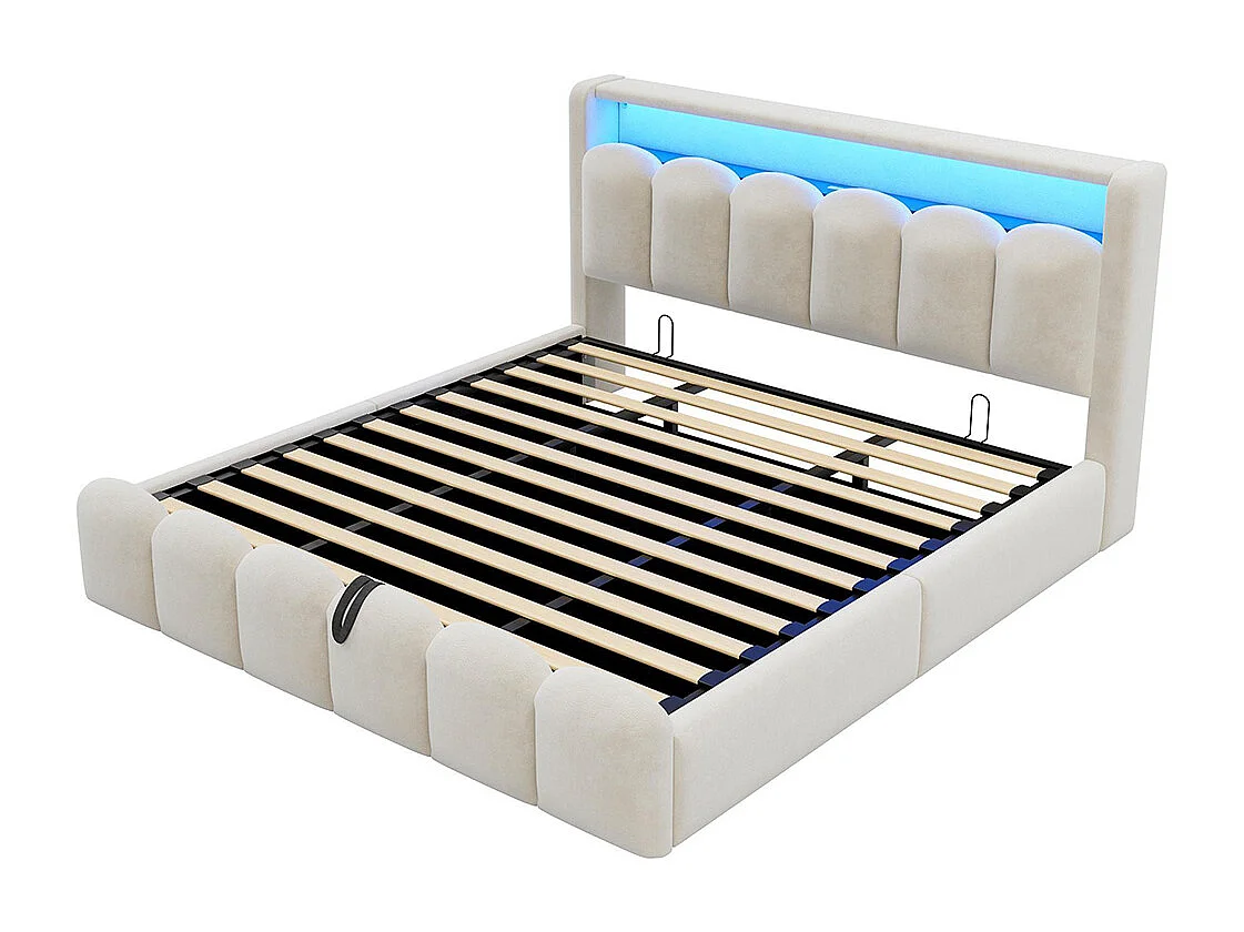 Lit coffre rembourré 180x200 avec rangement hydraulique tête de lit velours ports USB Type C LED motif pétales beige