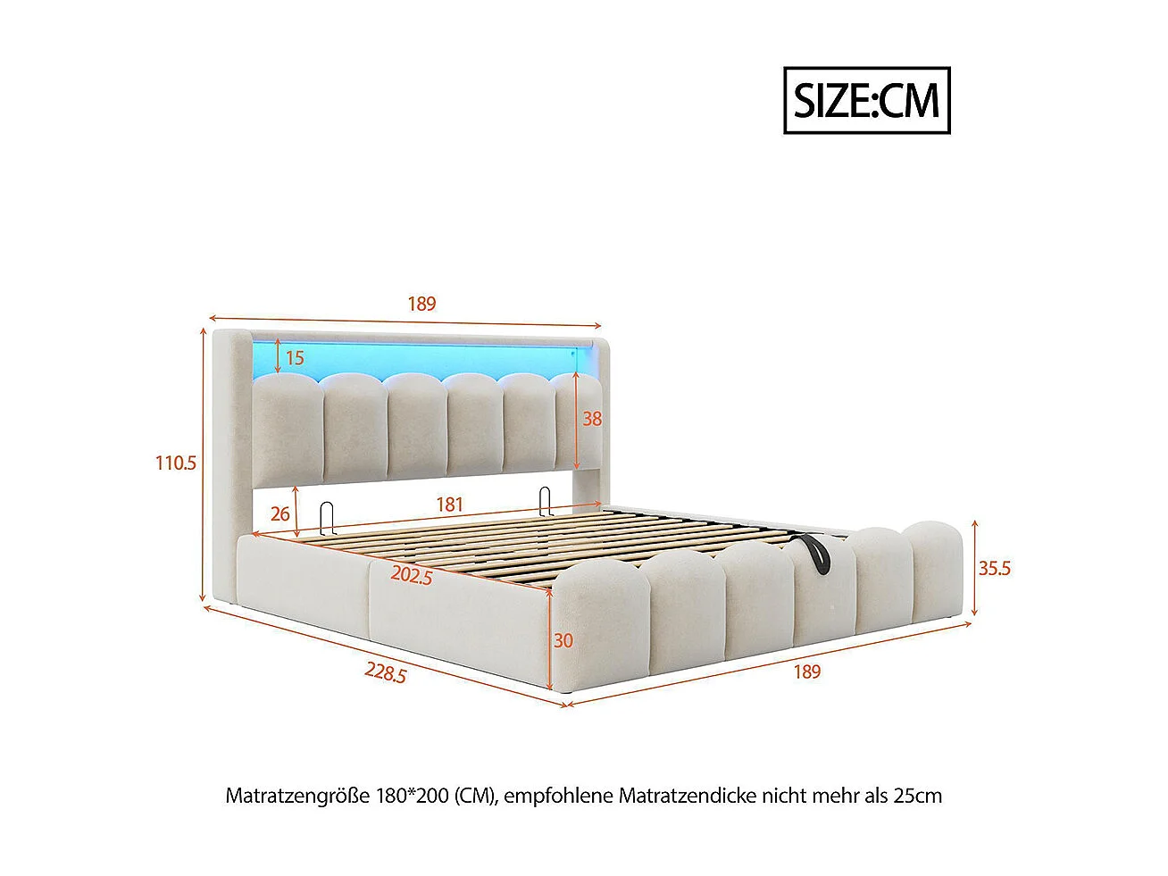 Lit coffre rembourré 180x200 avec rangement hydraulique tête de lit velours ports USB Type C LED motif pétales beige