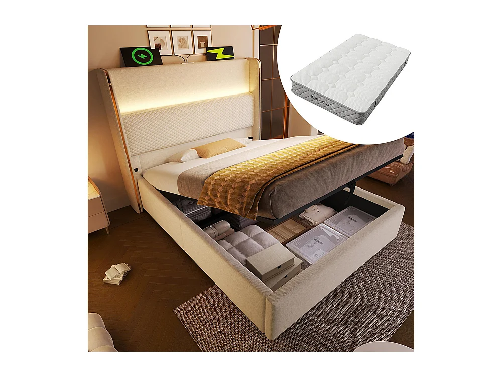 Lit coffre moderne tête lit haute simple 90x200 cm éclairage LED espace rangement ports USB Type-C aspect lin beige avec matelas