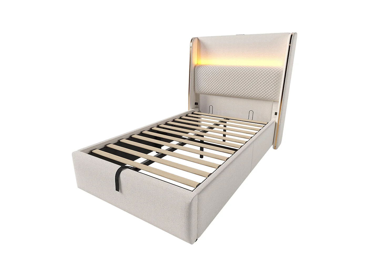 Lit coffre moderne tête lit haute simple 90x200 cm éclairage LED espace rangement ports USB Type-C aspect lin beige avec matelas