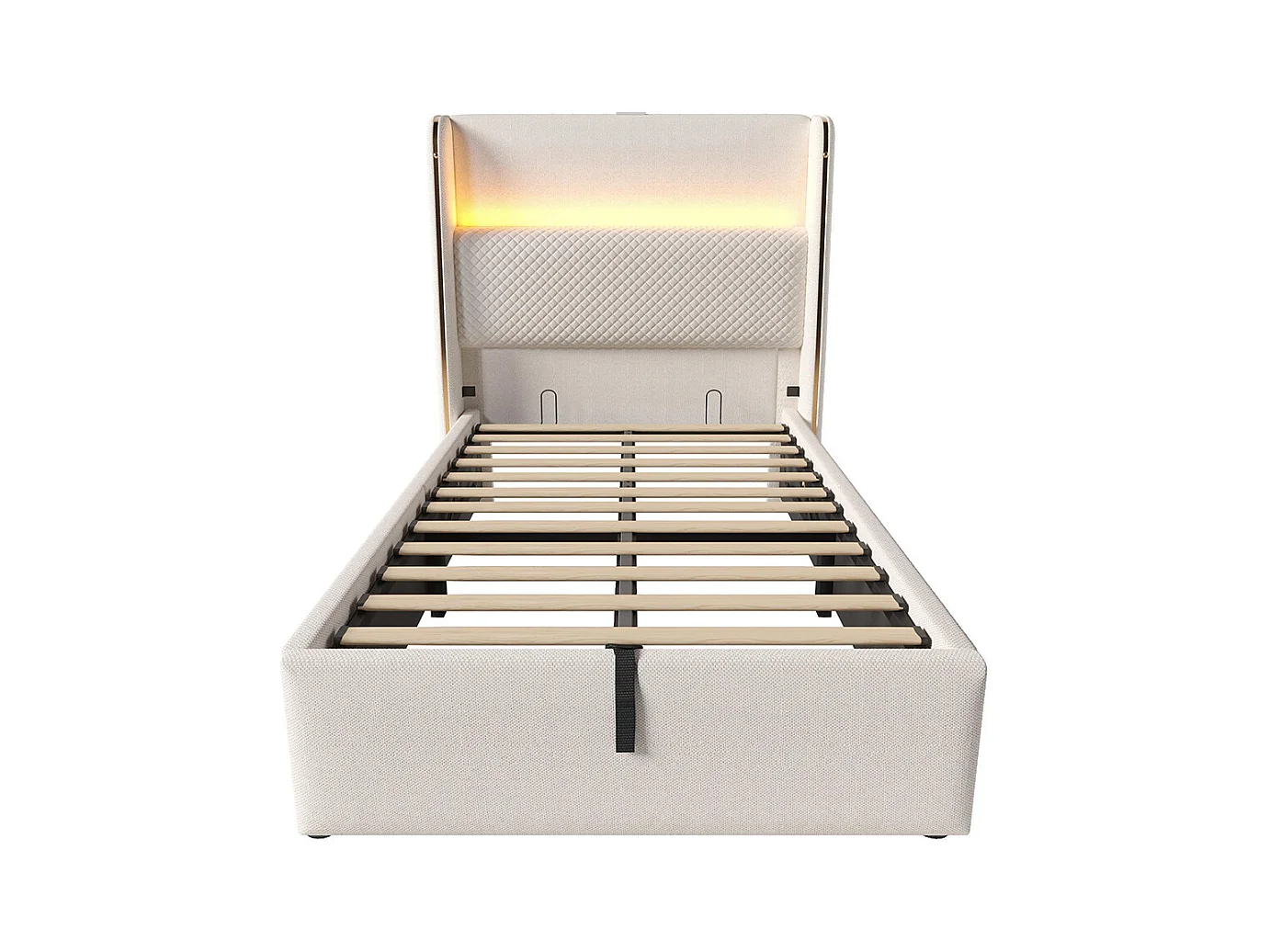 Lit coffre moderne tête lit haute simple 90x200 cm éclairage LED espace rangement ports USB Type-C aspect lin beige avec matelas