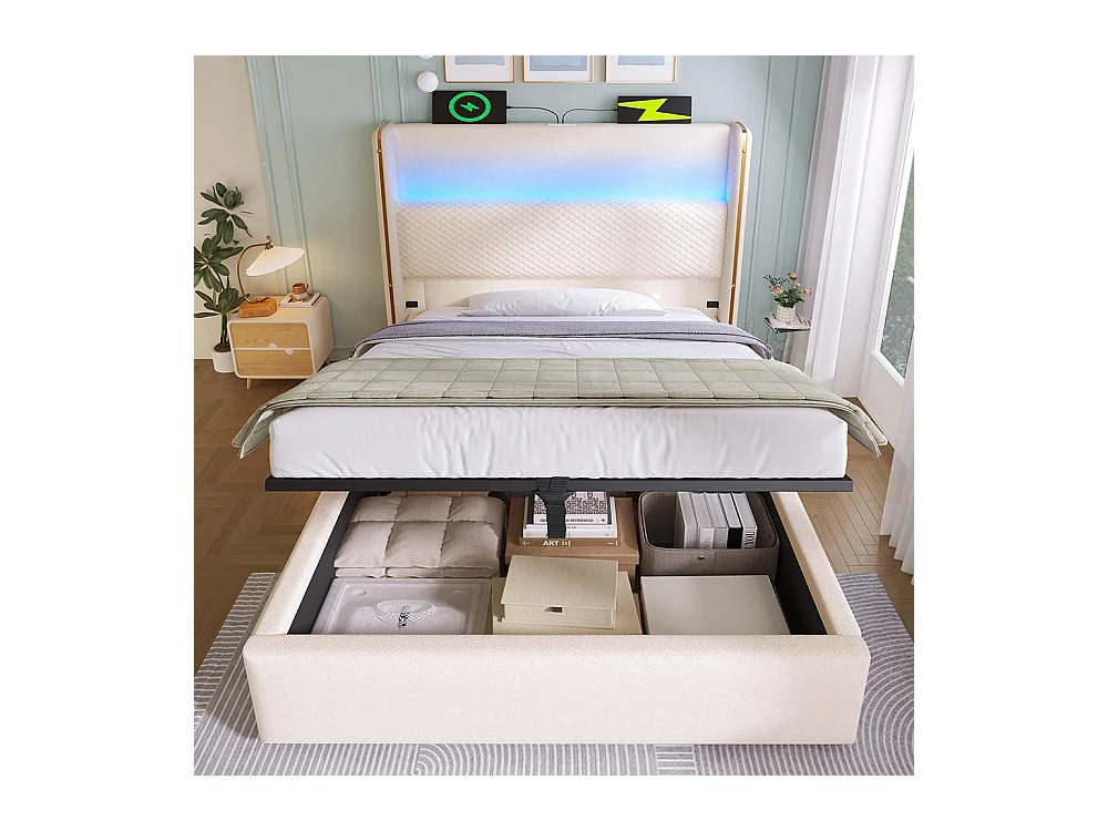 Lit coffre moderne tête lit haute simple 90x200 cm éclairage LED espace rangement ports USB Type-C aspect lin beige avec matelas