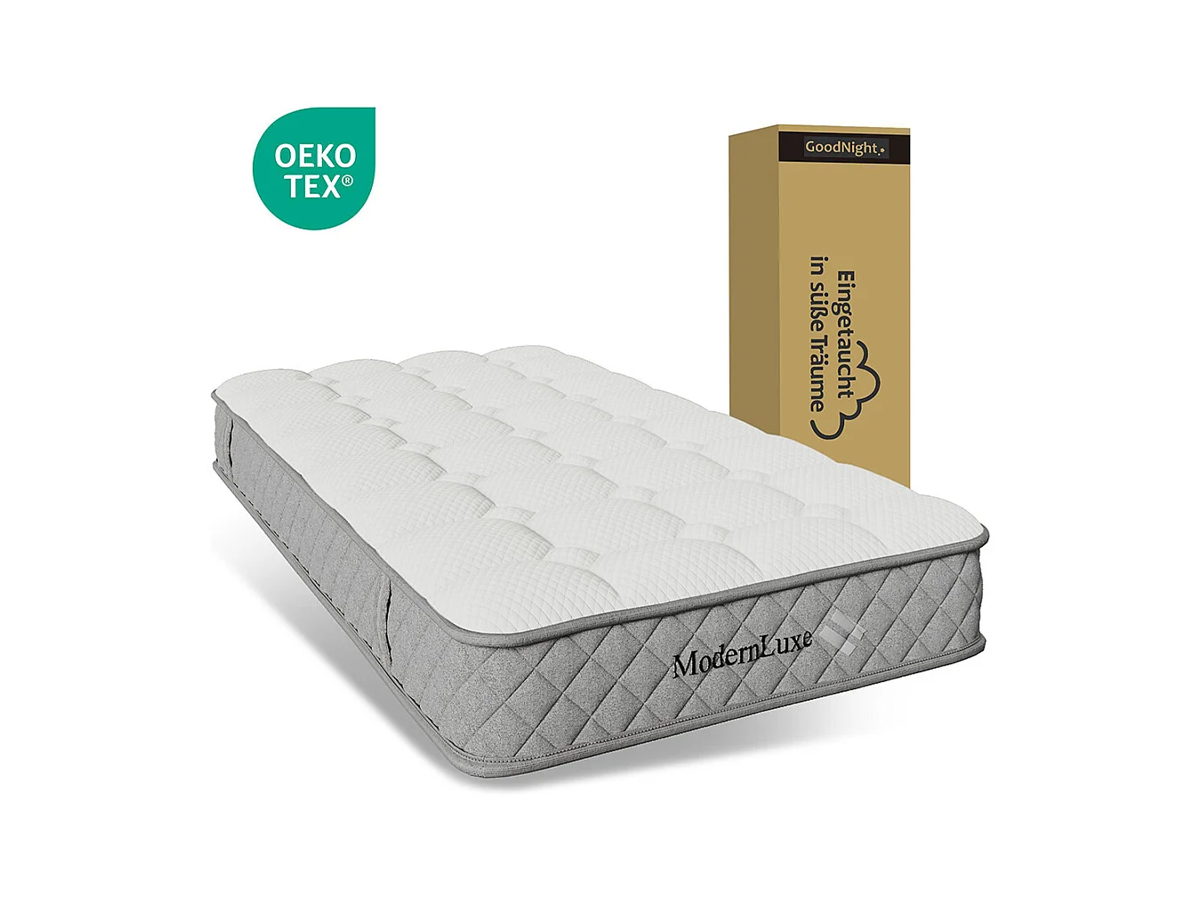 Lit coffre moderne tête lit haute simple 90x200 cm éclairage LED espace rangement ports USB Type-C aspect lin beige avec matelas