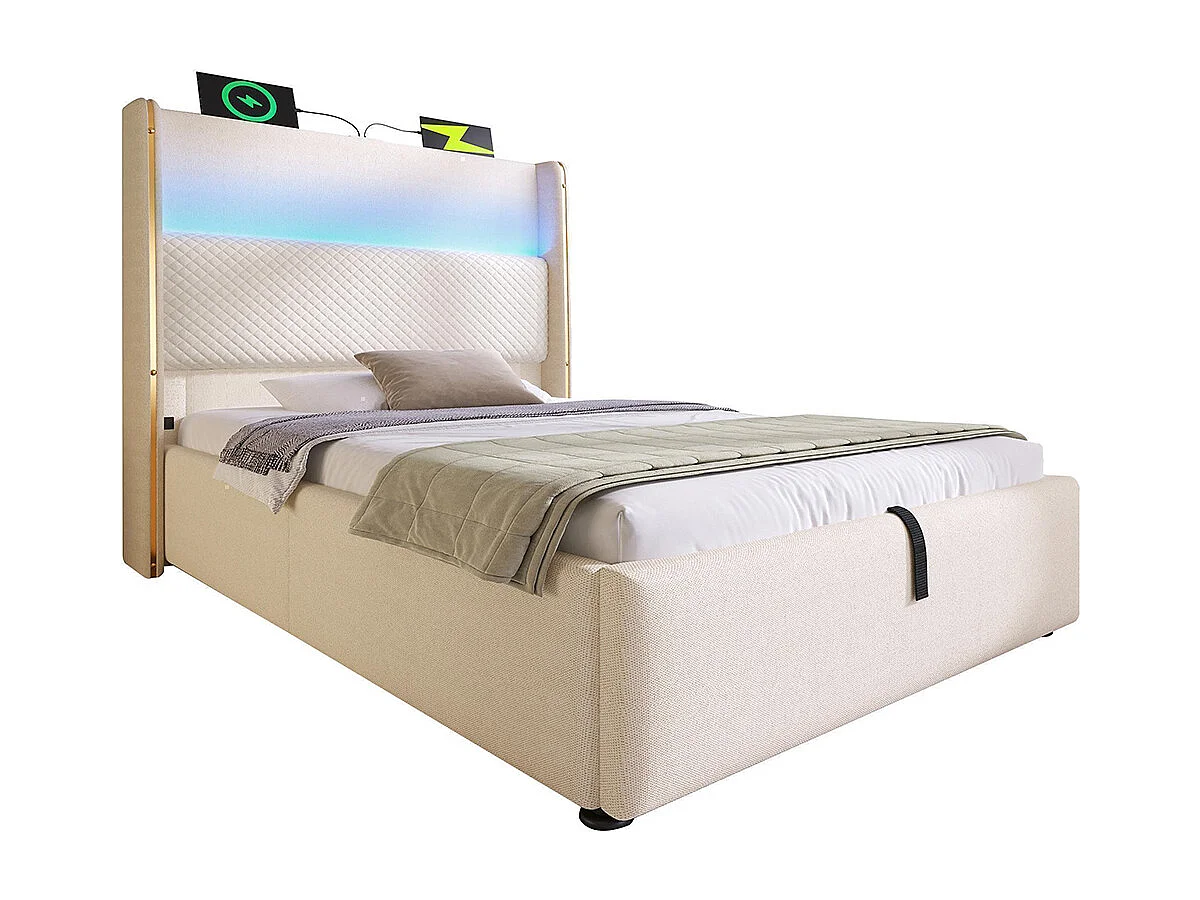 Lit coffre moderne tête lit haute simple 90x200 cm éclairage LED espace rangement ports USB Type-C aspect lin beige avec matelas