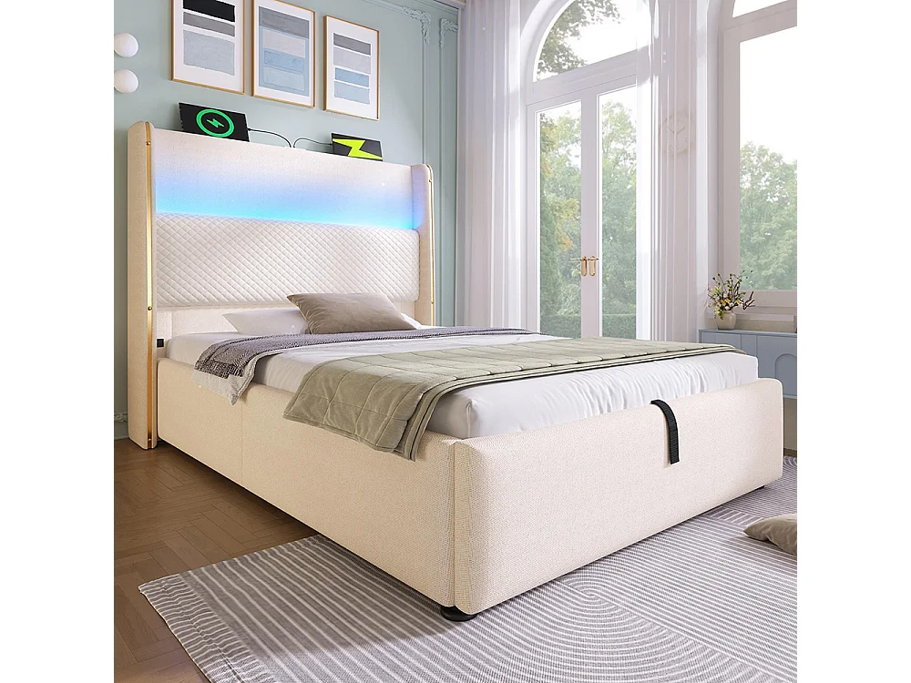 Lit coffre moderne tête lit haute simple 90x200 cm éclairage LED espace rangement ports USB Type-C aspect lin beige avec matelas