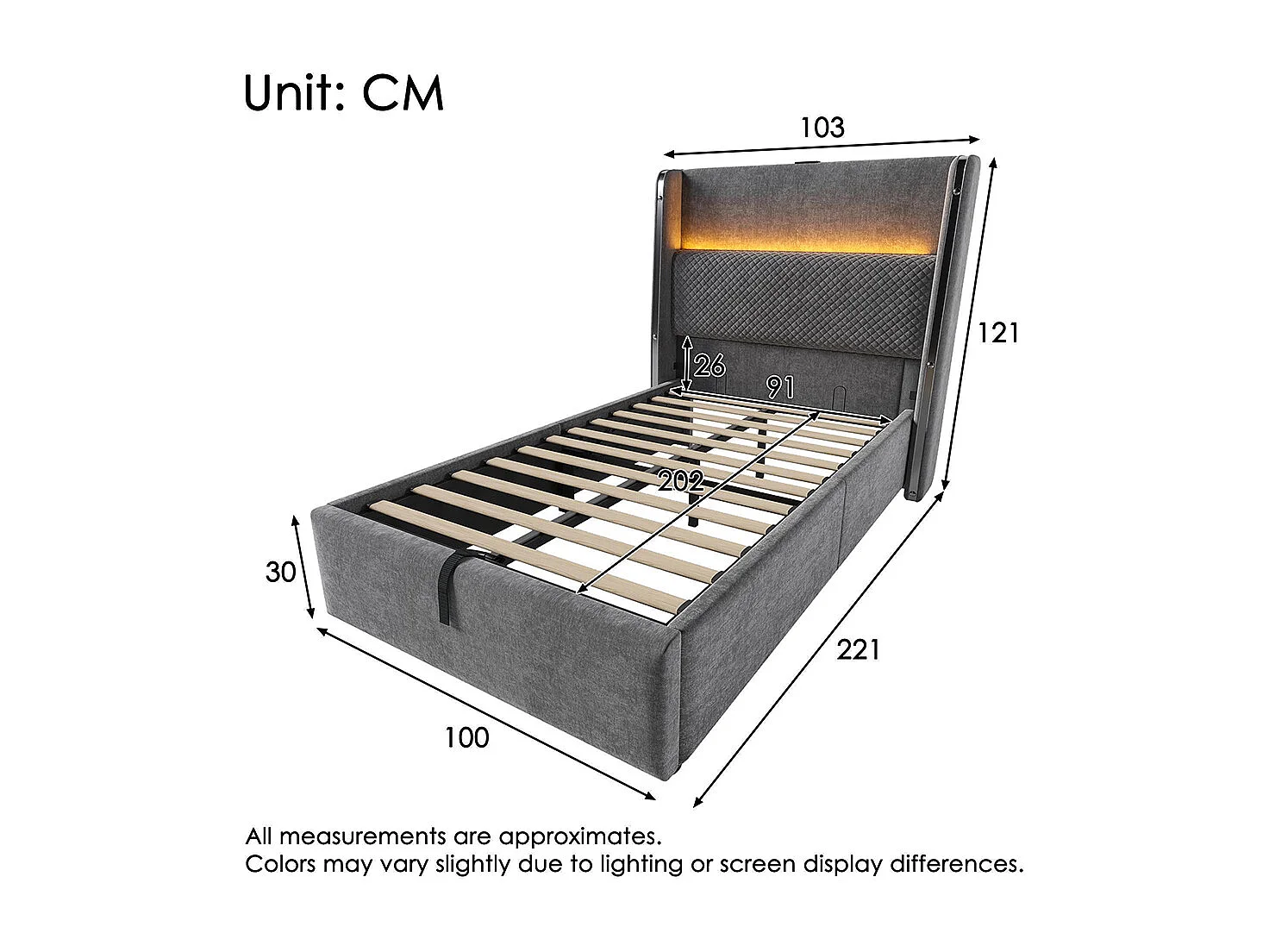 Lit coffre moderne tête lit haute simple 90x200 cm éclairage LED espace rangement ports USB Type-C aspect lin gris avec matelas