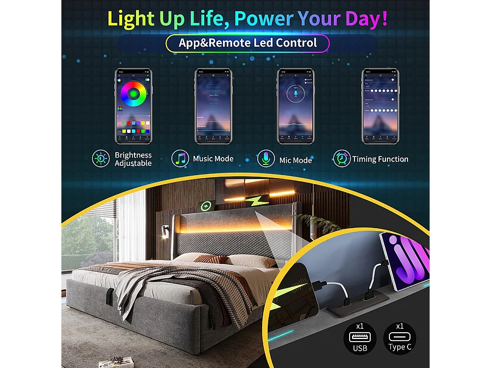 Lit coffre moderne tête lit haute simple 90x200 cm éclairage LED espace rangement ports USB Type-C aspect lin gris avec matelas