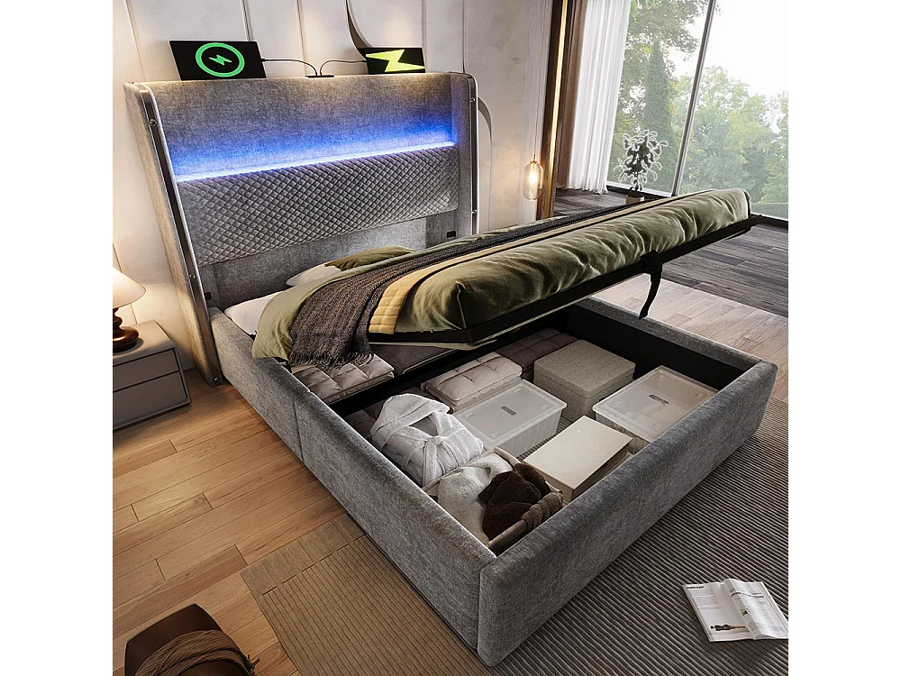 Lit coffre moderne tête lit haute simple 90x200 cm éclairage LED espace rangement ports USB Type-C aspect lin gris avec matelas