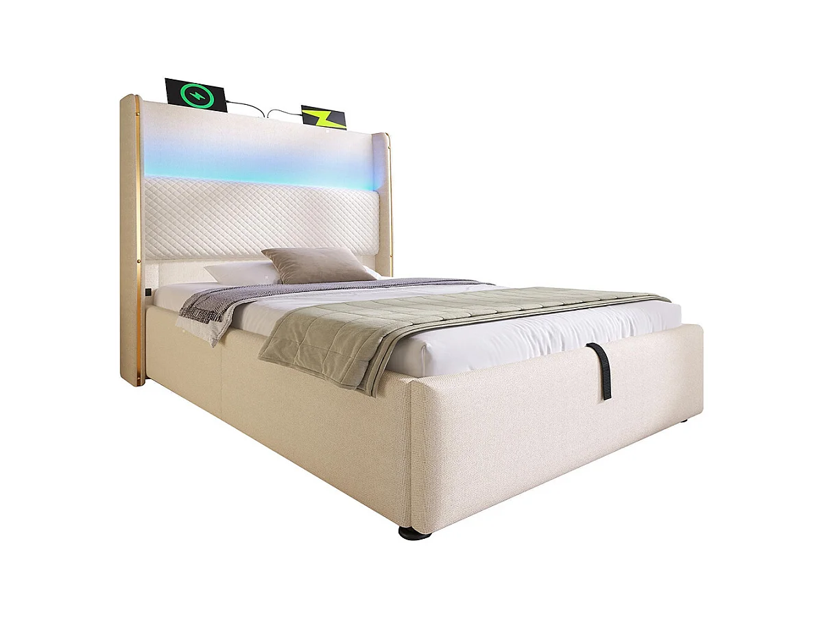 Lit coffre moderne tête lit haute simple 90x200 cm éclairage LED espace rangement ports USB Type-C aspect lin beige sans matelas