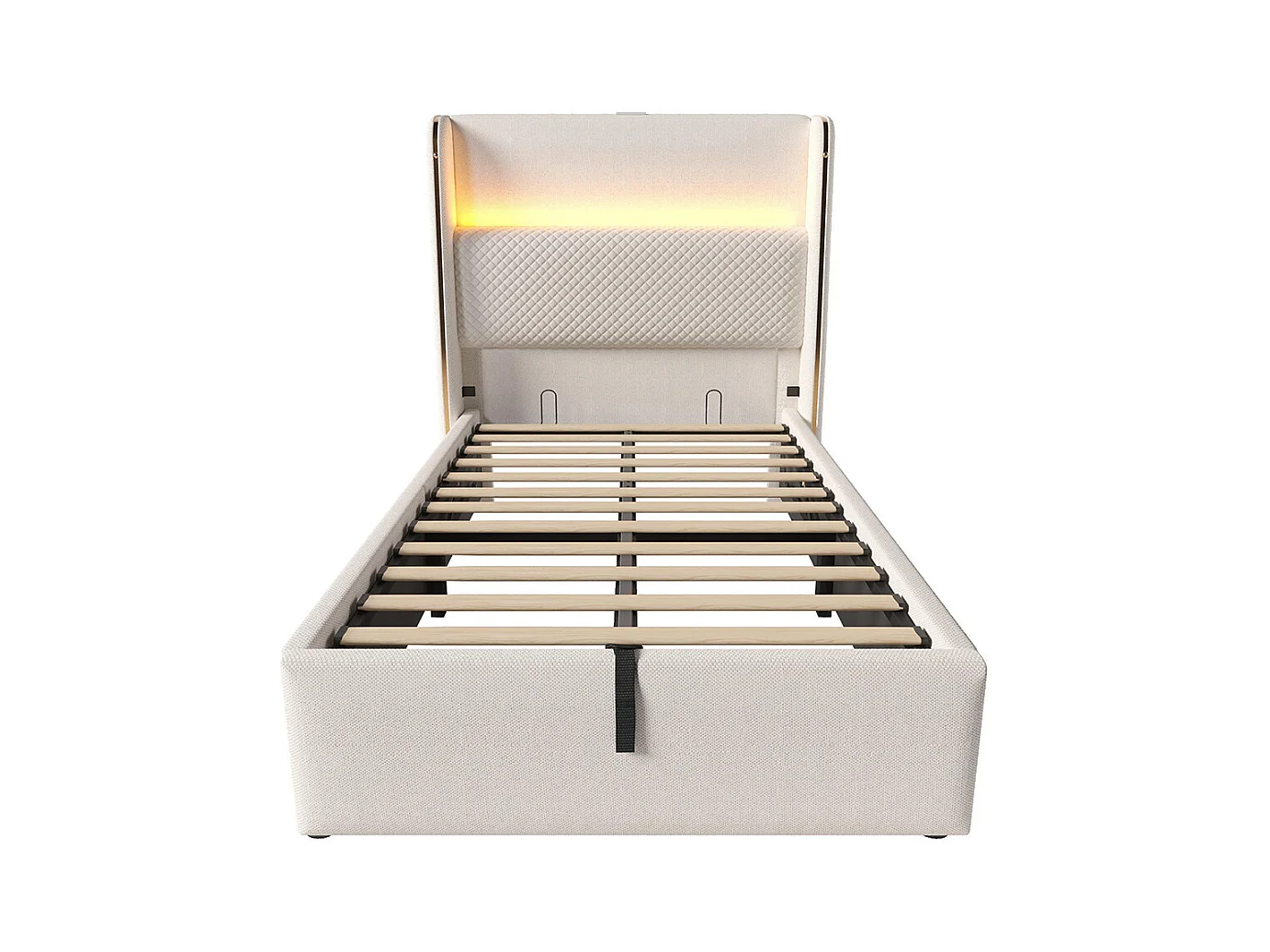 Lit coffre moderne tête lit haute simple 90x200 cm éclairage LED espace rangement ports USB Type-C aspect lin beige sans matelas
