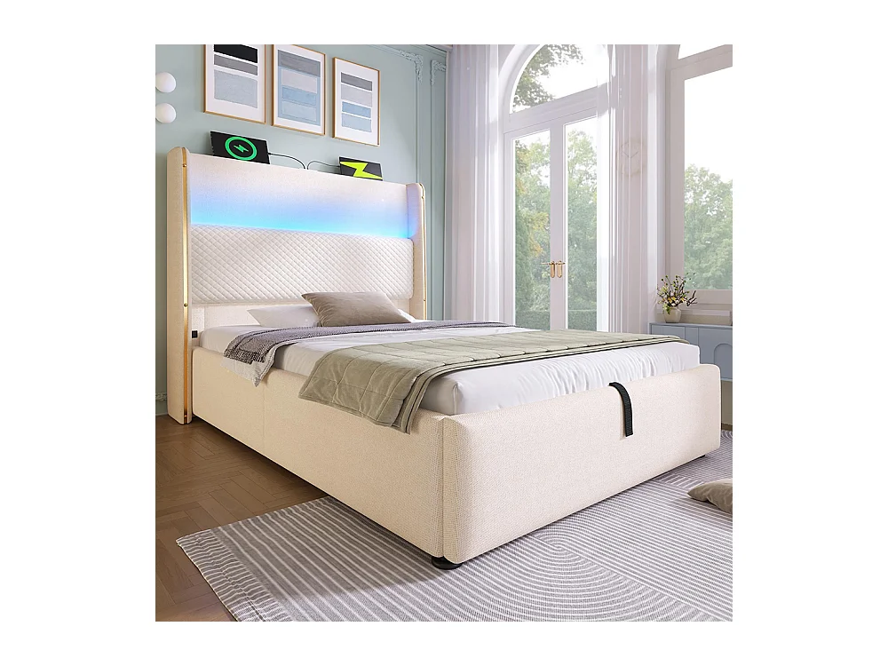 Lit coffre moderne tête lit haute simple 90x200 cm éclairage LED espace rangement ports USB Type-C aspect lin beige sans matelas