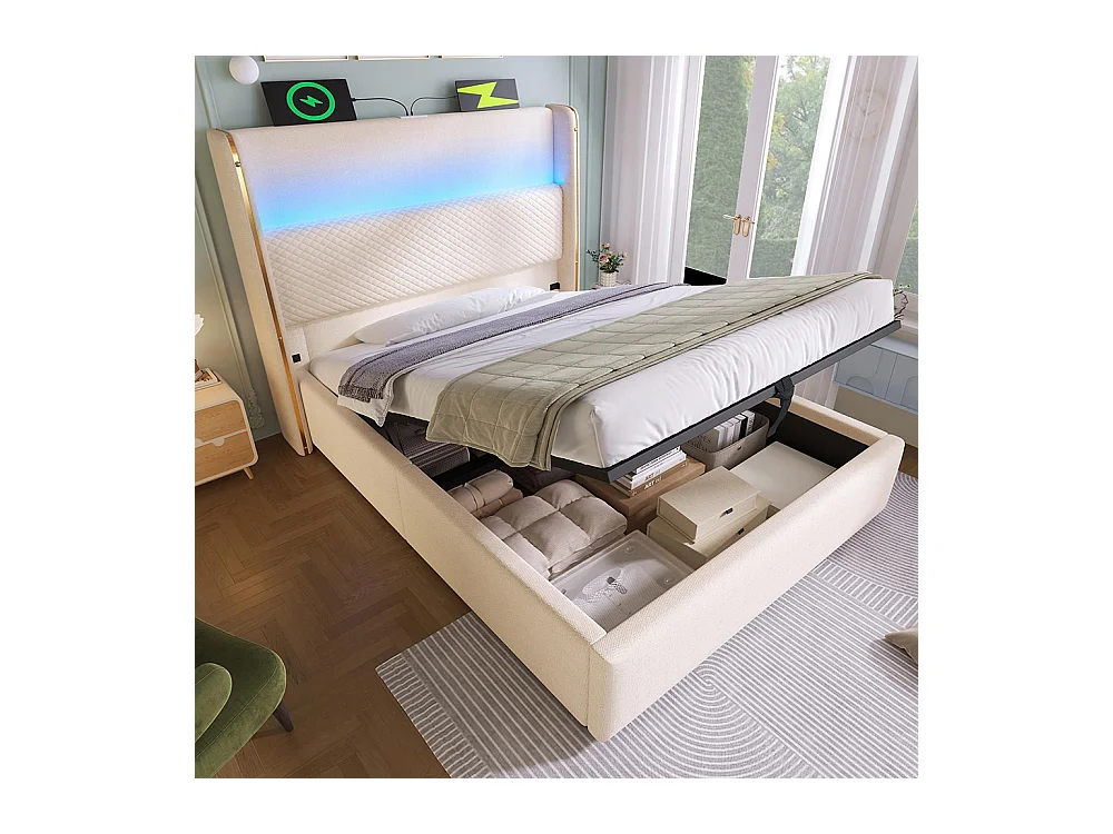 Lit coffre moderne tête lit haute simple 90x200 cm éclairage LED espace rangement ports USB Type-C aspect lin beige sans matelas