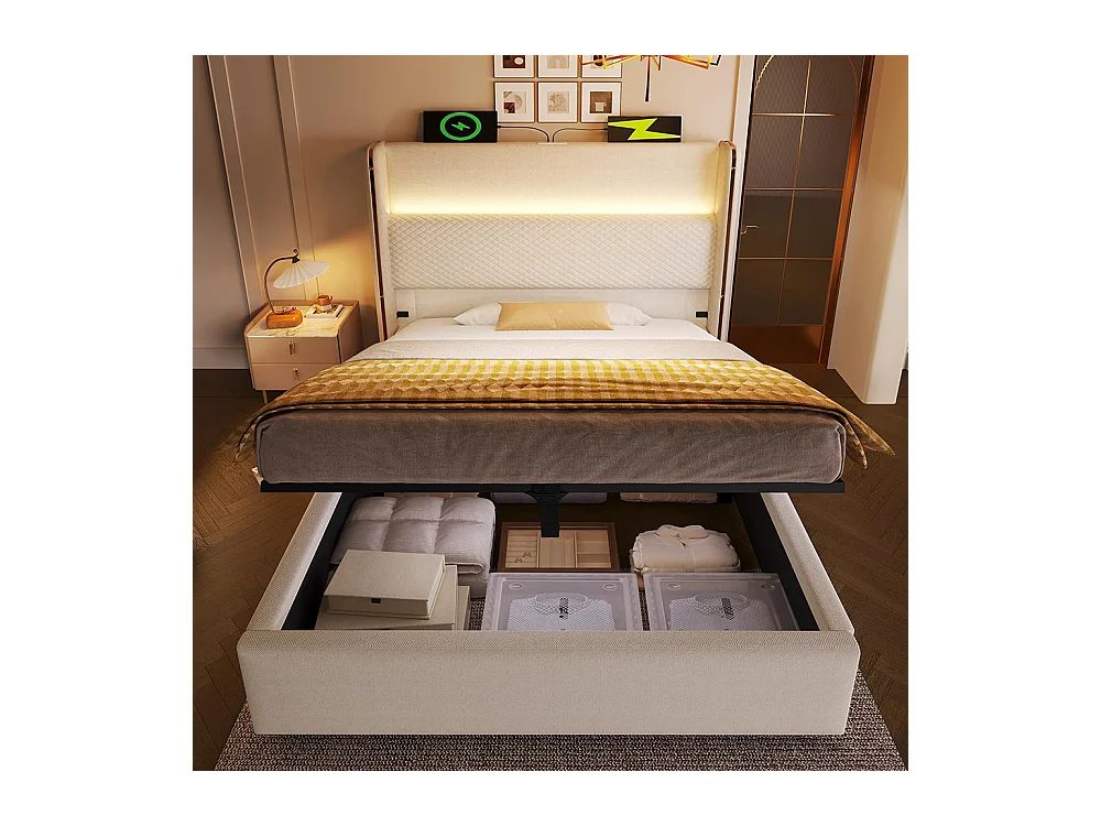 Lit coffre moderne tête lit haute simple 90x200 cm éclairage LED espace rangement ports USB Type-C aspect lin beige sans matelas