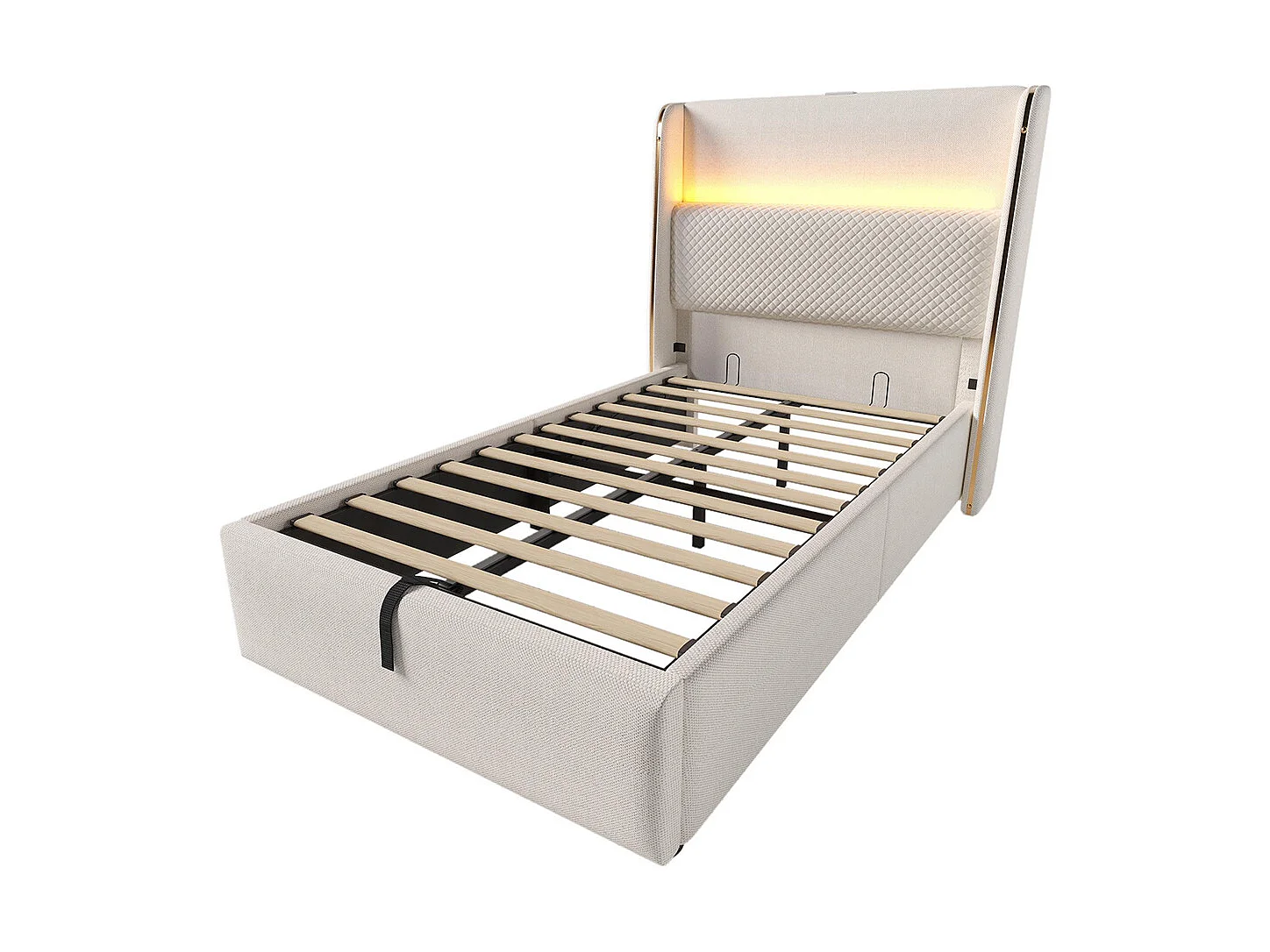 Lit coffre moderne tête lit haute simple 90x200 cm éclairage LED espace rangement ports USB Type-C aspect lin beige sans matelas