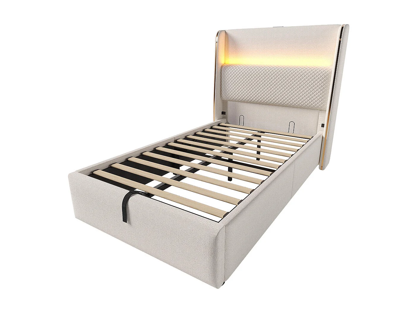 Lit coffre moderne tête lit haute simple 90x200 cm éclairage LED espace rangement ports USB Type-C aspect lin beige sans matelas