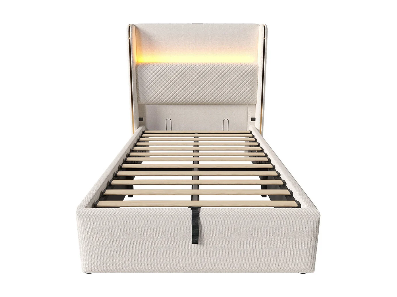 Lit coffre moderne tête lit haute simple 90x200 cm éclairage LED espace rangement ports USB Type-C aspect lin beige sans matelas