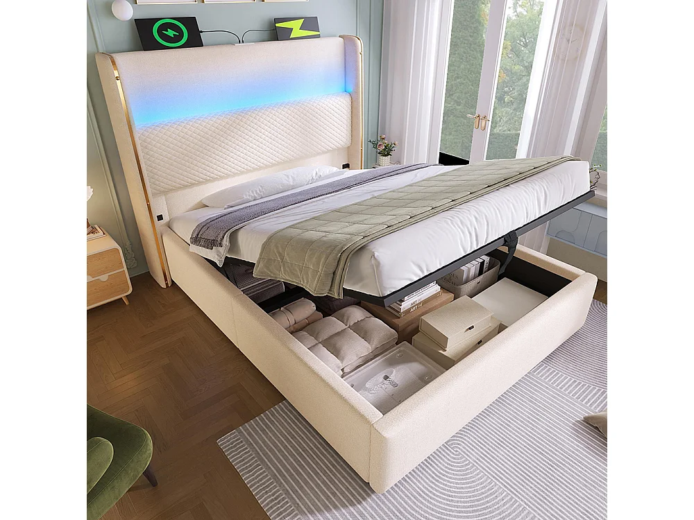 Lit coffre moderne tête lit haute simple 90x200 cm éclairage LED espace rangement ports USB Type-C aspect lin beige sans matelas